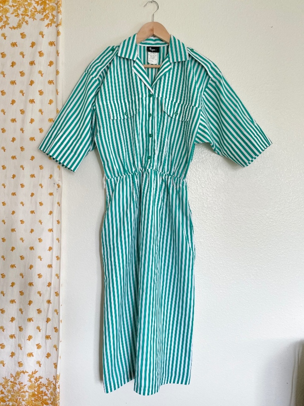 Vintage Green White Striped Collared Maxi Dress Pockets Size 8